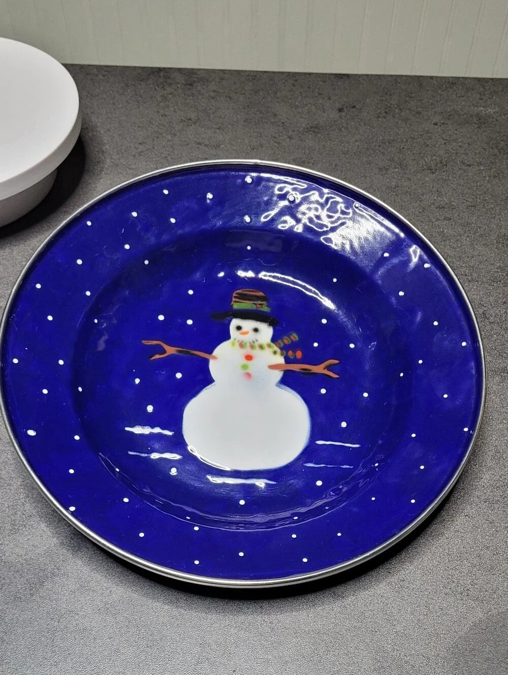 Vintage 1997 The Golden Rabbit II Blue Enamelware Snowman Rimmed Bowl